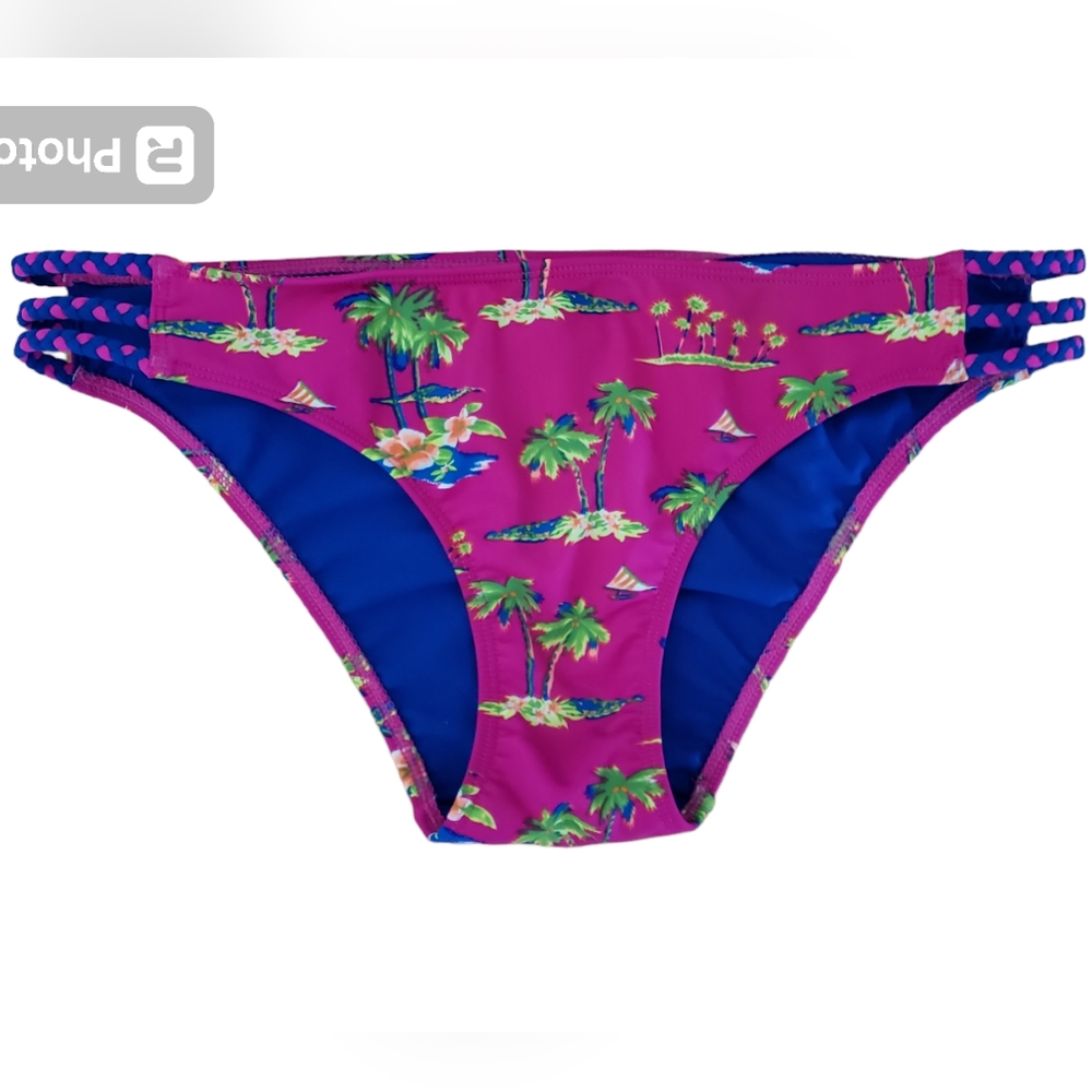 Hollister Swim Women's Bikini Bottom Fuchsia Blue with Palms 🌴 Designs Size L